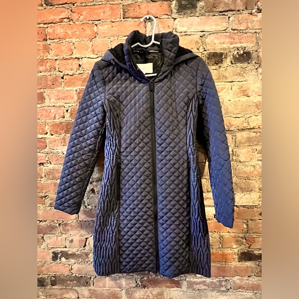 BCBGeneration Women's Navy Blue Quilted Faux Fur Hooded Coat Jacket Size M